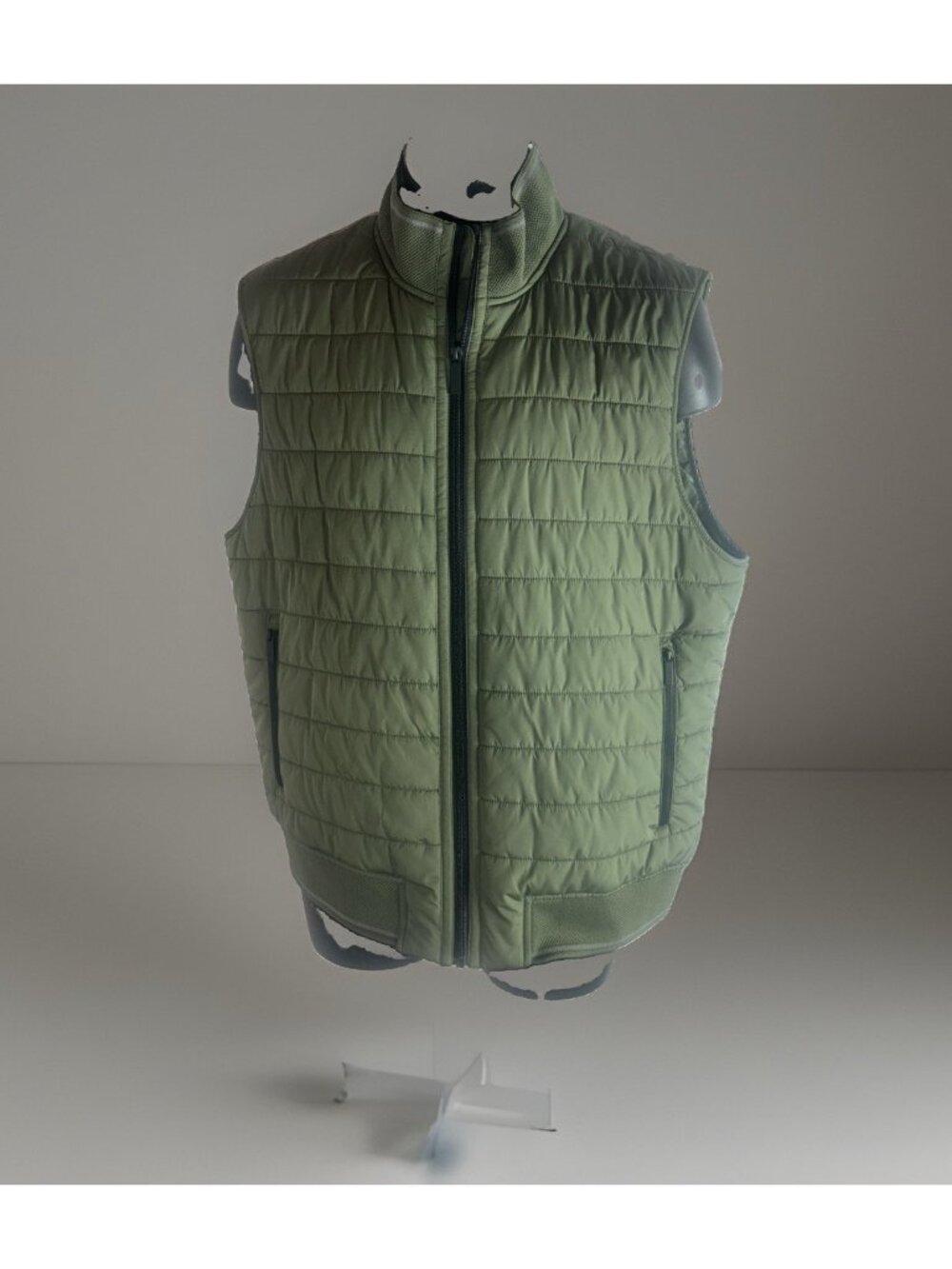 Perry Ellis Men's Large Full Zip Mock Neck Quilted Puffer Vest Green Zip Pockets